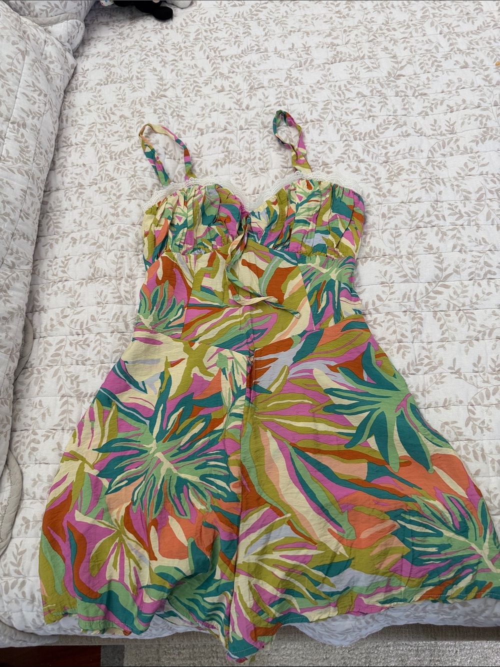 Tropical Print Women's Romper with Lace Trim